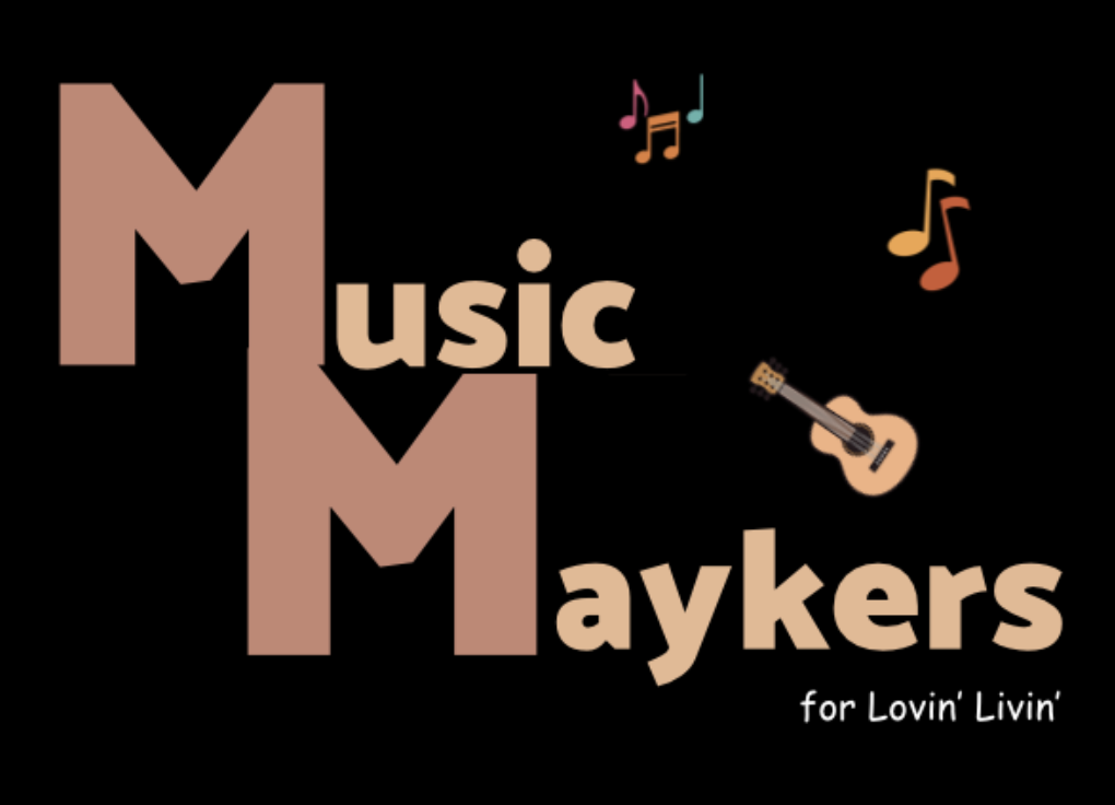 Music Maykers Dark Brown Square image with lt brown acronym, "Music Maykers, atop one another & slightly offset to right underneath. Below in white, Lovin' Livin'